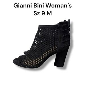 Gianni Bini Black Perforated Peep Toe Ankle Boots Block Heel Summer Booties Sz 9